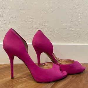 Hot Pink peep toe, worn 3 times, slight scuffing bottoms, interior pilling